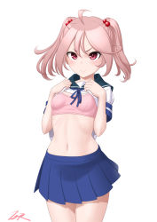 Rule 34 | 1girl, blue skirt, bra, breasts, clothes lift, cowboy shot, hair bobbles, hair ornament, highres, kantai collection, lifting own clothes, miniskirt, navel, pink bra, pink eyes, pink hair, pleated skirt, sazanami (kancolle), school uniform, serafuku, shirt, shirt lift, short hair, short sleeves, skirt, small breasts, smile, solo, standing, t2r, twintails, underwear, white shirt