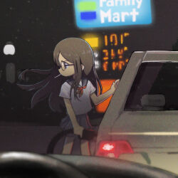Rule 34 | 1girl, brown eyes, brown hair, car, cigarette, commentary, english commentary, floating hair, gas station, glasses, highres, long hair, meme, motor vehicle, neckerchief, night, orenji (wholesomeorenji), original, outdoors, photo-referenced, pleated skirt, profile, red neckerchief, refueling, school uniform, shirt, short sleeves, skirt, smoking, solo, white shirt, wind, with a car you can go anywhere you want (meme)