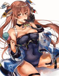 Rule 34 | 1girl, alternate costume, blue jacket, blue one-piece swimsuit, breasts, brown eyes, choker, cleavage, covered navel, food, food on face, highres, holding, holding food, ice cream, ice cream cone, inusaka, jacket, johnston (kancolle), kantai collection, licking, licking finger, light brown hair, long hair, medium breasts, off shoulder, one-piece swimsuit, open mouth, simple background, sitting, solo, star (symbol), star choker, swimsuit, thigh strap, two side up, united states medal of honor, white background