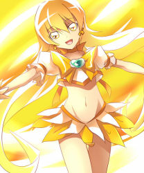 Rule 34 | 10s, 1girl, blonde hair, bow, brooch, cure sunshine, heart, heart brooch, heartcatch precure!, kazuki sanbi, long hair, magical girl, midriff, myoudouin itsuki, navel, open mouth, outstretched arms, precure, skirt, smile, solo, spread arms, transformation, yellow bow, yellow eyes, yellow theme