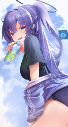 Rule 34 | 1girl, absurdres, black shirt, blue archive, blue buruma, blue eyes, blue jacket, bottle, breasts, buruma, from side, gym uniform, hair between eyes, halo, hand on own thigh, highres, holding, holding bottle, jacket, jacket partially removed, keita (kmfirstday), long hair, looking at viewer, mechanical halo, medium breasts, official alternate costume, purple hair, shirt, smile, solo, star sticker, sticker on face, two side up, yuuka (blue archive), yuuka (track) (blue archive)