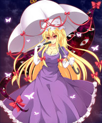 Rule 34 | 1girl, blonde hair, bow, breasts, bug, butterfly, cloud, cloudy sky, dress, gap (touhou), gloves, hair between eyes, hair bow, hand fan, hands up, hat, holding, holding fan, holding umbrella, insect, long hair, looking at viewer, medium breasts, puffy short sleeves, puffy sleeves, purple dress, purple sky, purple sleeves, purple theme, red bow, red eyes, short sleeves, sky, smile, solo, teeth, touhou, umbrella, uumenn, white gloves, white hat, yakumo yukari