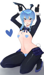 Rule 34 | 1girl, absurdres, animal ears, blue eyes, blue hair, blue pubic hair, bngl0121, breasts, colored pubic hair, fake animal ears, female pubic hair, gloves, heart pasties, highres, hololive, hoshimachi suisei, long hair, meme attire, midriff, navel, pantyhose, partially fingerless gloves, pasties, pubic hair, pubic hair peek, rabbit ears, rabbit pose, rabbit tail, reverse bunnysuit, reverse outfit, side ponytail, simple background, small breasts, smile, solo, tail, virtual youtuber, white background