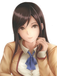 Rule 34 | 1girl, breasts, brown eyes, brown hair, dead or alive, hand in own hair, kokoro (doa), large breasts, looking at viewer, nannacy7, school uniform, simple background, smile, solo, tecmo, white background