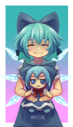 Rule 34 | 1girl, blue background, blue bow, blue hair, border, bow, bowtie, cirno, closed eyes, closed mouth, doll, eyebrows hidden by hair, facing viewer, fumo (doll), gradient background, hair bow, highres, holding, holding doll, ice, ice wings, multicolored background, nyztsune, pink background, puffy short sleeves, puffy sleeves, red bow, red bowtie, short hair, short sleeves, smile, solo, touhou, twitter username, white border, wings
