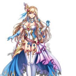 Rule 34 | 1girl, blonde hair, braid, breasts, cleavage, crown braid, detached collar, dress, feathers, gloves, legs, leotard, long hair, looking at viewer, medium breasts, pink eyes, sacred sword princesses, shoulder pads, solo, standing, thigh gap, thighhighs, thighs, transparent background