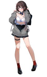 Rule 34 | 1girl, bag, black bag, black footwear, black skirt, blue bow, blush, bow, bra, breasts, brown hair, cleavage, closed mouth, earbuds, earphones, full body, grey jacket, hair ornament, hairclip, hands up, highres, holding, holding bag, jacket, long legs, long sleeves, miniskirt, mole, mole on arm, mouth hold, nail polish, open clothes, original, partially unzipped, phone, purple eyes, red nails, red socks, school bag, school uniform, shirt, shoes, short hair, skirt, sleeves past wrists, small breasts, socks, solo, thigh strap, underwear, white background, white bra, white shirt, wire, xretakex