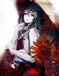 Rule 34 | 1girl, absurdres, cowboy shot, flower, green hair, hair between eyes, highres, holding, holding umbrella, kazami yuuka, long hair, looking at viewer, migata, nail polish, parted lips, red eyes, simple background, smile, solo, sunflower, touhou, umbrella, upper body, white background