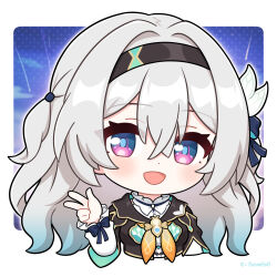 Rule 34 | 1girl, :d, black hairband, black jacket, blush, chibi, commentary request, firefly (honkai: star rail), grey hair, hairband, hand up, honkai: star rail, honkai (series), jacket, jiu fanglianhua, long hair, long sleeves, looking at viewer, neckerchief, open mouth, purple eyes, shirt, smile, solo, upper body, very long hair, w, white shirt, yellow neckerchief