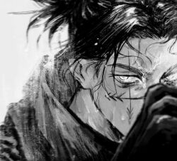 Rule 34 | 1boy, choso (jujutsu kaisen), facial tattoo, greyscale, hand up, highres, jujutsu kaisen, looking at viewer, male focus, monochrome, n9c4z, short hair, solo, tattoo, v-shaped eyebrows, wet face