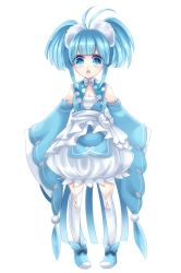 Rule 34 | 1girl, antenna hair, asame21, bad id, bad pixiv id, blue eyes, blue footwear, blue hair, bow, bowtie, creatures (company), detached sleeves, dress, full body, game freak, gen 3 pokemon, hair ornament, highres, looking at viewer, nintendo, personification, pokemon, puffy dress, solo, swablu, thick eyebrows, two side up, white dress, white legwear, wide sleeves