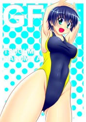 Rule 34 | 1girl, :d, armpits, arms up, blue hair, blue one-piece swimsuit, blush, breasts, character name, competition swimsuit, copyright name, covered navel, cowboy shot, crotch, from below, girlfriend (kari), green eyes, halftone, halftone background, harumiya tsugumi, highleg, highleg swimsuit, looking at viewer, misumi takasumi, one-piece swimsuit, open mouth, own hands together, short hair, smile, standing, stretching, swimsuit, taut clothes, taut swimsuit, thick thighs, thighs, tomboy