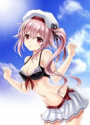 Rule 34 | 1girl, amou yuu, bare shoulders, beret, bikini, bikini top only, breasts, cleavage, cloud, cloudy sky, commentary request, day, hair between eyes, hair flaps, hair ornament, hair ribbon, hairclip, harusame (kancolle), hat, head tilt, highres, kantai collection, looking at viewer, medium breasts, navel, red eyes, ribbon, side ponytail, sidelocks, simple background, skirt, sky, solo, swimsuit, white background