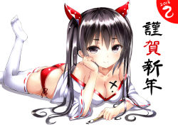Rule 34 | 10s, 1girl, 2013, arm support, bare shoulders, black eyes, black hair, blush, breasts, butt crack, cleavage, collarbone, feet, hand on another&#039;s chin, hand on own cheek, hand on own face, highres, japanese clothes, long hair, looking at viewer, lying, miko, morerin, new year, no shoes, on stomach, original, panties, red panties, ribbon-trimmed legwear, ribbon-trimmed sleeves, ribbon trim, side-tie panties, smile, solo, thighhighs, translation request, twintails, underwear, white background, white thighhighs