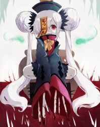 1girl blood claws disgaea double_bun hair_bun hair_over_one_eye hat highres jiangshi kakuwashi long_hair looking_at_viewer makai_senki_disgaea_7 ofuda open_mouth pointy_ears qingdai_guanmao red_eyes sharp_teeth smile solo squatting teeth twintails very_long_hair white_hair wide_sleeves zombie_maiden_(disgaea)