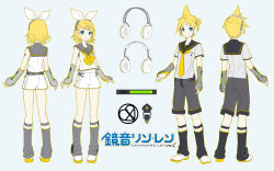 Rule 34 | 2boys, 2girls, aqua eyes, blonde hair, boots, bow, character sheet, closed mouth, concept art, detached sleeves, full body, grey background, headphones, highres, ixima, kagamine len, kagamine len (vocaloid4), kagamine rin, kagamine rin (vocaloid4), midriff peek, multiple boys, multiple girls, multiple views, necktie, official art, sailor collar, short hair, shorts, smile, standing, v4x, vocaloid