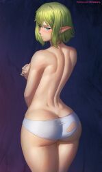 Rule 34 | 1girl, ass, back, blue eyes, blush, breasts, butt crack, commentary, covering breasts, covering privates, dark background, dungeon ni deai wo motomeru no wa machigatteiru darou ka, elf, english commentary, from behind, green hair, hair between eyes, highres, looking at viewer, looking back, medium breasts, panties, patreon username, pointy ears, ryu lion, short hair, shoulder blades, solo, superbusty, topless, torn clothes, torn panties, underwear, y shaped butt crack