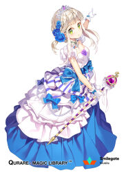 Rule 34 | 1girl, :o, blue bow, blue flower, blue rose, bow, company name, copyright name, dress, dress bow, dress flower, earrings, flower, full body, gem, gilse, glove bow, gloves, gown, green eyes, grey hair, hair flower, hair ornament, holding, holding scepter, jewelry, layered dress, light blush, looking at viewer, looking to the side, low twintails, medium hair, necklace, official art, outstretched arm, pearl necklace, pointing, princess, puffy short sleeves, puffy sleeves, purple flower, purple rose, qurare magic library, rose, scepter, short bangs, short sleeves, sidelocks, simple background, solo, standing, striped clothes, striped dress, tiara, twintails, two-tone dress, waist bow, white background, white dress, white gloves, wispy bangs, yellow dress