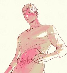 Rule 34 | 1boy, blush, commentary request, dungeon meshi, groin, hand on own stomach, hand up, heart, heart tattoo, laios touden, long sleeves, looking at viewer, male focus, monochrome, parted lips, shirt, short hair, simple background, solo, stomach, stomach tattoo, sweat, tattoo, undercut, upper body, urup zzz, very short hair, yellow background
