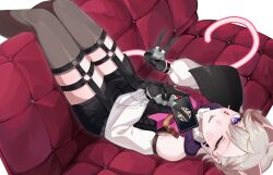 Rule 34 | 1boy, androgynous, bare shoulders, between fingers, black gloves, black shorts, bow, bowtie, chobonu, collar, couch, detached sleeves, eyelashes, feet out of frame, frilled collar, frills, from above, garter straps, genshin impact, gloves, grey hair, highres, holding, long sleeves, looking at viewer, lying, lyney (genshin impact), male focus, on back, on couch, one eye closed, parted bangs, pink bow, pink bowtie, purple eyes, short shorts, shorts, solo, tongue, tongue out, v, white sleeves