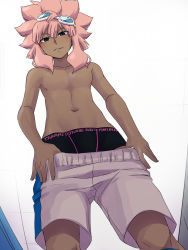 Rule 34 | 1boy, briefs, dark-skinned male, dark skin, from below, goggles, goggles on head, highres, inazuma eleven, inazuma eleven (series), long hair, looking at viewer, looking down, male focus, male underwear, navel, no nipples, pink hair, shiroabe, shorts, simple background, smile, solo, topless male, tsunami jousuke, underwear, undressing, white background