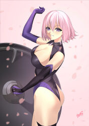 Rule 34 | 1girl, ass, bare shoulders, black leotard, breasts, cleavage, cleavage cutout, clothing cutout, collar, elbow gloves, fate/grand order, fate (series), gloves, grin, hair over one eye, highleg, highleg leotard, highres, kurozawa yui, large breasts, leotard, light purple hair, looking at viewer, mash kyrielight, metal collar, petals, purple eyes, purple gloves, shield, short hair, smile, solo, thigh strap, thighs