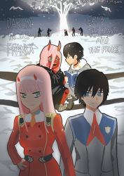 Rule 34 | 10s, 1boy, 1girl, absurdres, aged down, bandages, black cloak, black hair, blue eyes, book, boots, cloak, coat, colored sclera, colored skin, couple, darling in the franxx, dual persona, english text, fringe trim, fur boots, fur trim, green eyes, grey coat, hair ornament, hairband, hand on own hip, hetero, highres, hiro (darling in the franxx), holding, holding book, hood, hooded cloak, horns, long hair, long sleeves, looking at another, military, military uniform, necktie, oni horns, orange neckwear, parka, pink hair, red horns, red neckwear, red pupils, red sclera, red skin, reiquant, short hair, uniform, white hairband, winter clothes, winter coat, zero two (darling in the franxx)