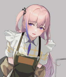 Rule 34 | 1girl, 3 small spiders, absurdres, alternate costume, apron, arms behind back, blush, breasts, girls&#039; frontline, green apron, grey background, highres, long hair, looking at viewer, multicolored hair, open mouth, pink hair, purple eyes, shirt, short sleeves, side ponytail, small breasts, smile, solo, st ar-15 (girls&#039; frontline), streaked hair, upper body, white shirt