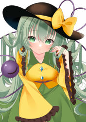 Rule 34 | 1girl, alternate hair length, alternate hairstyle, black hat, blush, closed mouth, commentary request, eyeball, green eyes, green hair, green skirt, hat, koishi day, komeiji koishi, long hair, looking at viewer, shirt, simple background, skirt, smile, solo, third eye, tosakaoil, touhou, very long hair, white background, yellow shirt