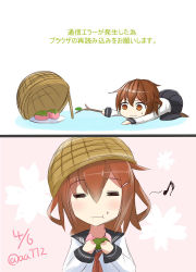 Rule 34 | 10s, 1girl, :t, = =, a.a (aa772), bad id, bad pixiv id, basket, brown eyes, brown hair, comic, dated, eating, food, food on face, hair ornament, hairclip, ikazuchi (kancolle), kantai collection, musical note, pantyhose, quaver, sakura mochi, short hair, solo, sweatdrop, translated, twig, twitter username, wagashi, wavy mouth