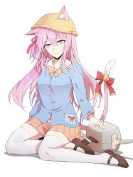 Rule 34 | 1girl, animal ears, azur lane, bell, cat ears, expressionless, hair between eyes, hair ribbon, hat, highres, kisaragi (azur lane), long hair, looking at viewer, mary janes, aged up, pink eyes, pink hair, red ribbon, ribbon, shoes, solo, suprii, tail, tail bell, tail ornament, tail ribbon, thighhighs, thighs, turret, white background, zettai ryouiki