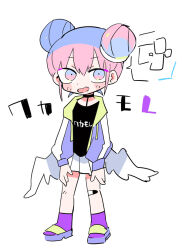 Rule 34 | 1girl, angel wings, bandaid, bandaid on knee, bandaid on leg, black choker, black shirt, blush stickers, choker, commentary request, datenshi-chan, double bun, fang, full body, gradient eyes, green hood, hair bun, hands on own legs, hood, hood down, hooded jacket, indie utaite, jacket, long sleeves, looking at viewer, miniskirt, multicolored eyes, multicolored hair, nanawo akari, open clothes, open jacket, open mouth, pink hair, pleated skirt, purple eyes, purple footwear, purple hair, purple jacket, purple sleeves, purple socks, sandals, shirt, short hair, simple background, skin fang, skirt, smile, socks, solo, speech bubble, terada tera, translation request, two-tone hair, utaite, white background, white skirt, white wings, wings