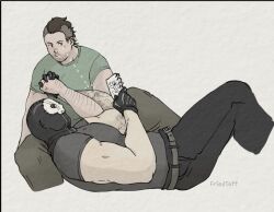 Rule 34 | 2boys, alternate costume, arm hair, arm tattoo, bara, beard stubble, black hair, blush, call of duty, call of duty: modern warfare 2, couple, cropped legs, doodles, facial hair, flat color, friedtoff, ghost (modern warfare 2), head bump, holding hands, interlocked fingers, lap pillow, large pectorals, looking at another, lying, male focus, mask, mature male, multiple boys, muscular, muscular male, mustache stubble, on back, pants, pectorals, shirt, short hair, skull mask, soap (modern warfare 2), stubble, t-shirt, tattoo, yaoi