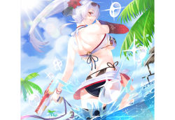 Rule 34 | 1girl, absurdres, adapted costume, ass, bikini, black bikini, black ribbon, black thighhighs, blush, border, breasts, butt crack, detached sleeves, fate/grand order, fate (series), flower, hair between eyes, hair flower, hair ornament, hair ribbon, heroic spirit traveling outfit, highres, holding, holding water gun, in water, jikuyuki (ysesst96262), large breasts, lens flare, long hair, looking at viewer, looking back, mitsudomoe (shape), multicolored bikini, multicolored clothes, outdoors, palm tree, partially submerged, ponytail, red eyes, ribbon, side-tie bikini bottom, silver hair, single detached sleeve, single thighhigh, solo, splashing, standing, sun, sunlight, swimsuit, thighhighs, tomoe (symbol), tomoe gozen (fate), tomoe gozen (traveling outfit) (fate), tree, underboob, wading, water gun, wet, white bikini, white border