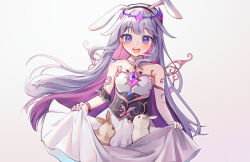 Rule 34 | 1girl, aivysu, animal ears, black hairband, blush, colored inner hair, detached collar, dress, fake animal ears, gem, grey hair, hairband, happy, highres, hololive, hololive english, koseki bijou, koseki bijou (1st costume), long hair, looking at viewer, multicolored hair, open mouth, pink hair, purple eyes, purple nails, rabbit, rabbit ears, simple background, solo, upper body, very long hair, virtual youtuber, white background, wings