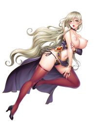 Rule 34 | 1girl, bare shoulders, black footwear, black thighhighs, blonde hair, blush, bracelet, breasts, character request, choker, commentary request, dress, fingernails, full body, high heels, highres, jewelry, jumping, katejina (taimanin asagi), large breasts, leg up, lilith-soft, lips, long hair, looking at viewer, mole, mole under eye, nail polish, navel, nipples, official art, open mouth, panties, pointy ears, puffy nipples, purple dress, ring, sano toshihide, shiny clothes, shiny skin, side-tie panties, simple background, sleeveless, sleeveless dress, solo, stomach, taimanin (series), taimanin asagi kessen arena, taimanin rpgx, thighhighs, underwear, white background, yellow eyes