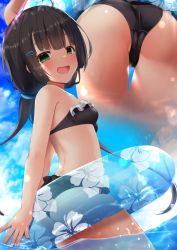 Rule 34 | 1girl, ahoge, ass, bare shoulders, bikini, black bikini, black hair, blue sky, blush, breasts, cloud, cloudy sky, day, floral print, frilled bikini, frills, green eyes, hair ornament, hairclip, highres, innertube, kuro yanagi, long hair, low twintails, multiple views, open mouth, original, outdoors, partially submerged, sky, small breasts, swim ring, swimsuit, twintails, water, wet, wet hair