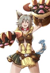 Rule 34 | &gt;:d, 1girl, :d, animal ears, arm up, bad id, bad twitter id, blush, breasts, brown eyes, claw (weapon), collar, collarbone, commentary request, cowboy shot, granblue fantasy, green skirt, grey hair, haido (ryuuno kanzume), hair between eyes, head tilt, highres, looking at viewer, medium breasts, open mouth, pleated skirt, sen (granblue fantasy), simple background, skirt, smile, solo, v-shaped eyebrows, weapon, white background
