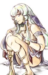 Rule 34 | 1girl, armlet, breasts, closed mouth, dancer, dancer (fire emblem: three houses), fire emblem, fire emblem: three houses, gladiator sandals, highres, long hair, lysithea von ordelia, mofu2, mofu2chikuwa, nintendo, pink eyes, sandals, simple background, sitting, small breasts, smile, solo, white background, white hair