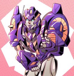 Rule 34 | 1girl, blue eyes, colored skin, corporealbox, grey skin, helmet, highres, looking at viewer, mecha, mechanical wings, purple lips, robot, robot girl, shiny skin, simple background, solo, the transformers (idw), transformers, v, wings