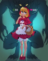 Rule 34 | 1boy, 1girl, apron, blonde hair, bloomers, blue eyes, bulleta, capelet, claws, finger to mouth, gallon (vampire), glowing, glowing eyes, gvellav, highres, like and retweet, meme, monster boy, parted lips, picnic basket, red capelet, red hood, short hair, twitter strip game (meme), underwear, vampire (game), werewolf, white bloomers, you gonna get raped