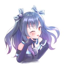 Rule 34 | 1girl, akanbe, bare shoulders, black hair, collar, eyelid pull, hair between eyes, hair ornament, highres, long hair, neptune (series), one eye closed, ppppin55, red eyes, simple background, smile, solo, tongue, tongue out, two side up, uni (neptunia), upper body, white background