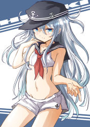 Rule 34 | 1girl, adapted costume, anchor symbol, black hat, black sailor collar, blue eyes, casual, commentary request, cowboy shot, crop top, flat cap, fuji (pixiv24804665), hat, hibiki (kancolle), highres, kantai collection, long hair, neckerchief, red neckerchief, sailor collar, shorts, silver hair, smile, solo, two-tone background, white shorts