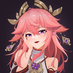 Rule 34 | 1girl, absurdres, animal ear fluff, animal ears, arm up, bare shoulders, black background, blush, chinese commentary, commentary request, crossed bangs, dark background, detached sleeves, earrings, fox ears, genshin impact, hair between eyes, hair ornament, hand on own face, heart, heart-shaped pupils, highres, japanese clothes, jewelry, long hair, long sleeves, looking at viewer, miko, necklace, open mouth, pink hair, priestess, purple eyes, simple background, solo, standing, symbol-shaped pupils, upper body, wide sleeves, xiangyu xiangyu, yae miko