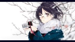 Rule 34 | 1girl, banfs, bare tree, black hair, blue coat, blurry, brown eyes, camera, coat, depth of field, glasses, highres, holding, holding camera, letterboxed, long sleeves, looking at viewer, original, outdoors, parted lips, rimless eyewear, round eyewear, scarf, short hair, snow on head, sogawa, solo, tree, upper body, white scarf, winter