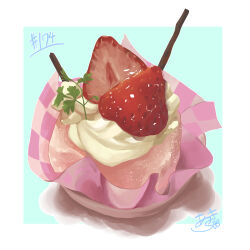 Rule 34 | absurdres, artist name, food, food focus, fruit, highres, ice cream, no humans, original, strawberry, strawberry slice, takisou sou, whipped cream
