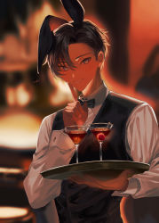 Rule 34 | 1boy, alcohol, animal ears, artist name, bishounen, black bow, black bowtie, black hair, blurry, blurry background, bow, bowtie, cherry, cocktail glass, commentary request, cup, dark-skinned male, dark skin, drinking glass, finger to mouth, food, formal, fruit, grey eyes, hair between eyes, hand up, highres, holding, holding tray, long sleeves, looking at viewer, male focus, mege (megechan), mole, mole under eye, original, parted lips, rabbit ears, shirt, short hair, shushing, smile, solo, suit, traditional bowtie, tray, upper body, very short hair, waistcoat, waiter, white shirt