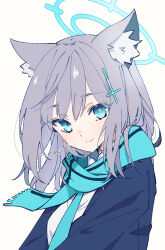 Rule 34 | 1girl, animal ear fluff, animal ears, artist name, blue archive, blue eyes, blue halo, blue jacket, blue necktie, blue scarf, breasts, citron80citron, closed mouth, cross, cross hair ornament, grey hair, hair ornament, halo, inverted cross, jacket, looking at viewer, medium breasts, medium hair, mismatched pupils, necktie, open clothes, open jacket, scarf, shiroko (blue archive), shirt, simple background, smile, solo, upper body, white background, white shirt, wolf ears
