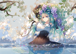Rule 34 | 1girl, bug, butterfly, detached sleeves, flower, fre (haochilanzuo), green eyes, green hair, hatsune miku, insect, long hair, outdoors, partially submerged, solo, tree, twintails, umbrella, very long hair, vocaloid, wading, water