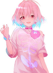 Rule 34 | 1girl, :d, absurdres, bare shoulders, belt buckle, belt collar, blue hair, breasts, buckle, cola, collar, commentary request, earrings, fang, hair between eyes, hand up, heart on chest, highres, idolmaster, idolmaster cinderella girls, jewelry, looking at viewer, medium breasts, multicolored hair, off shoulder, open mouth, pill earrings, pink collar, pink hair, pink shirt, red eyes, shirt, short sleeves, simple background, skeleton print, smile, solo, tarbo (exxxpiation), two-tone hair, upper body, white background, yumemi riamu